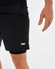 men's 2 layer gym shorts for running, cycling. Black sustainable shorts made from recycled plastic