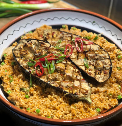 Roasted Aubergine with Veggie Quinoa