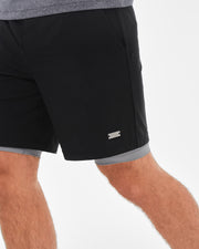 sustainable black and grey men's gym shorts made from recycled plastic