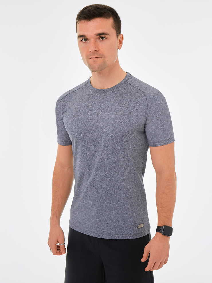 mens grey sustainable t-shirt. Heathered grey fabric made from recycled plastic.